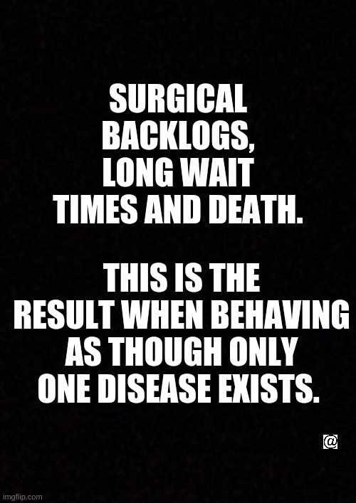 Blank  |  SURGICAL BACKLOGS, LONG WAIT TIMES AND DEATH. THIS IS THE RESULT WHEN BEHAVING AS THOUGH ONLY ONE DISEASE EXISTS. | image tagged in covid,disease,death,surgery,wait times | made w/ Imgflip meme maker