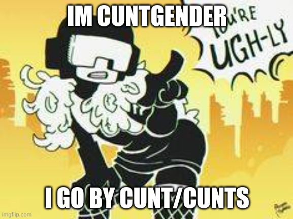 Should I stop with the cunt thing? | IM CUNTGENDER; I GO BY CUNT/CUNTS | image tagged in you're ugh-ly | made w/ Imgflip meme maker