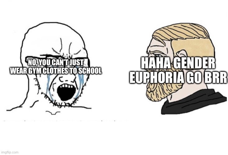 Thankfully, my parents are pretty cool with it. | HAHA GENDER EUPHORIA GO BRR; NO, YOU CAN’T JUST WEAR GYM CLOTHES TO SCHOOL | image tagged in soyboy vs yes chad | made w/ Imgflip meme maker