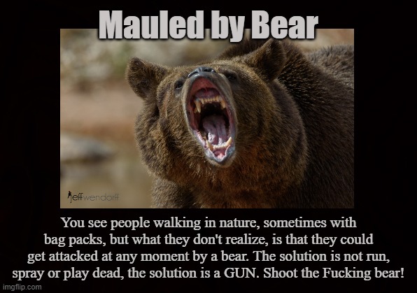 IGNORANCE IS NOT BLISS | Mauled by Bear; You see people walking in nature, sometimes with bag packs, but what they don't realize, is that they could get attacked at any moment by a bear. The solution is not run, spray or play dead, the solution is a GUN. Shoot the Fucking bear! | image tagged in bear,hunting,grizzly bear,mauled,guns,survivalist | made w/ Imgflip meme maker