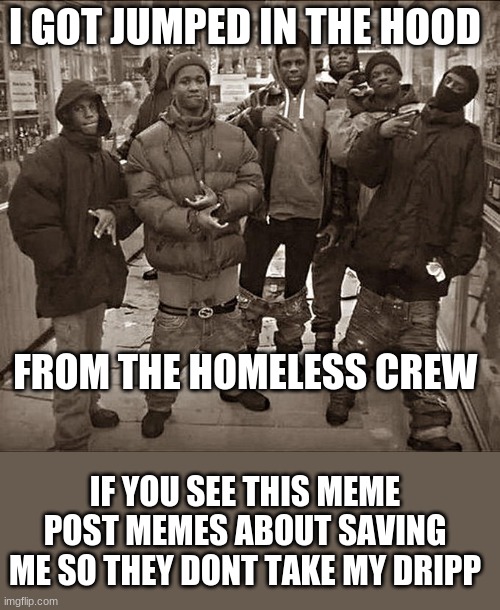 I got jumped in the hood | I GOT JUMPED IN THE HOOD; FROM THE HOMELESS CREW; IF YOU SEE THIS MEME POST MEMES ABOUT SAVING ME SO THEY DONT TAKE MY DRIPP | image tagged in all my homies hate | made w/ Imgflip meme maker
