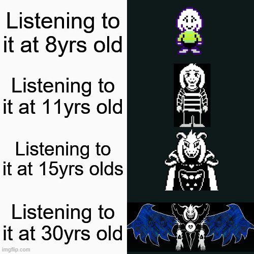 Asriel Dreemurr 4 Panel | Listening to it at 8yrs old Listening to it at 11yrs old Listening to it at 15yrs olds Listening to it at 30yrs old | image tagged in asriel dreemurr 4 panel | made w/ Imgflip meme maker