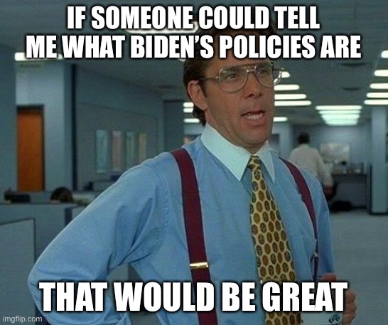 That Would Be Great Meme | IF SOMEONE COULD TELL ME WHAT BIDEN’S POLICIES ARE THAT WOULD BE GREAT | image tagged in memes,that would be great | made w/ Imgflip meme maker