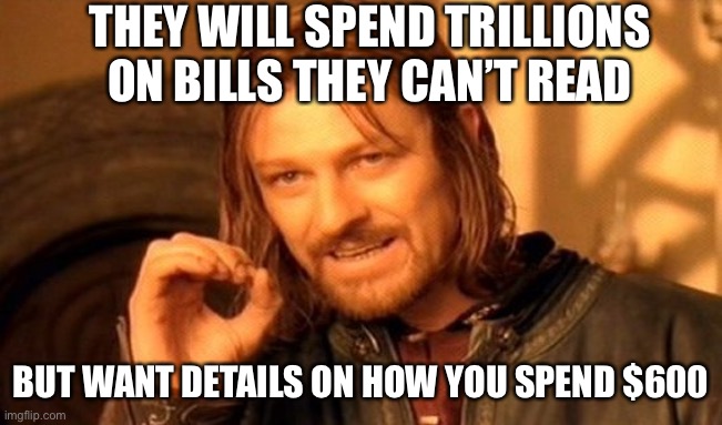 Makes Zero Sense | THEY WILL SPEND TRILLIONS ON BILLS THEY CAN’T READ; BUT WANT DETAILS ON HOW YOU SPEND $600 | image tagged in memes,one does not simply | made w/ Imgflip meme maker