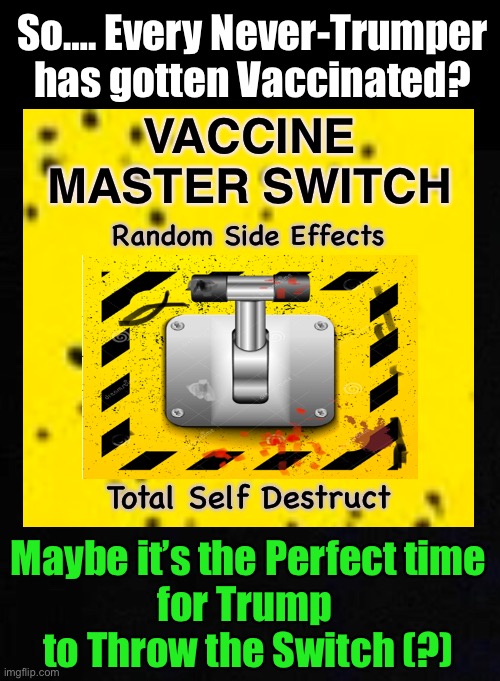 YOU’ve been played | So…. Every Never-Trumper
has gotten Vaccinated? VACCINE MASTER SWITCH; Random Side Effects; Total Self Destruct; Maybe it’s the Perfect time
for Trump 
to Throw the Switch (?) | image tagged in memes,trump,vaccine,vaccinated,timing is everything | made w/ Imgflip meme maker