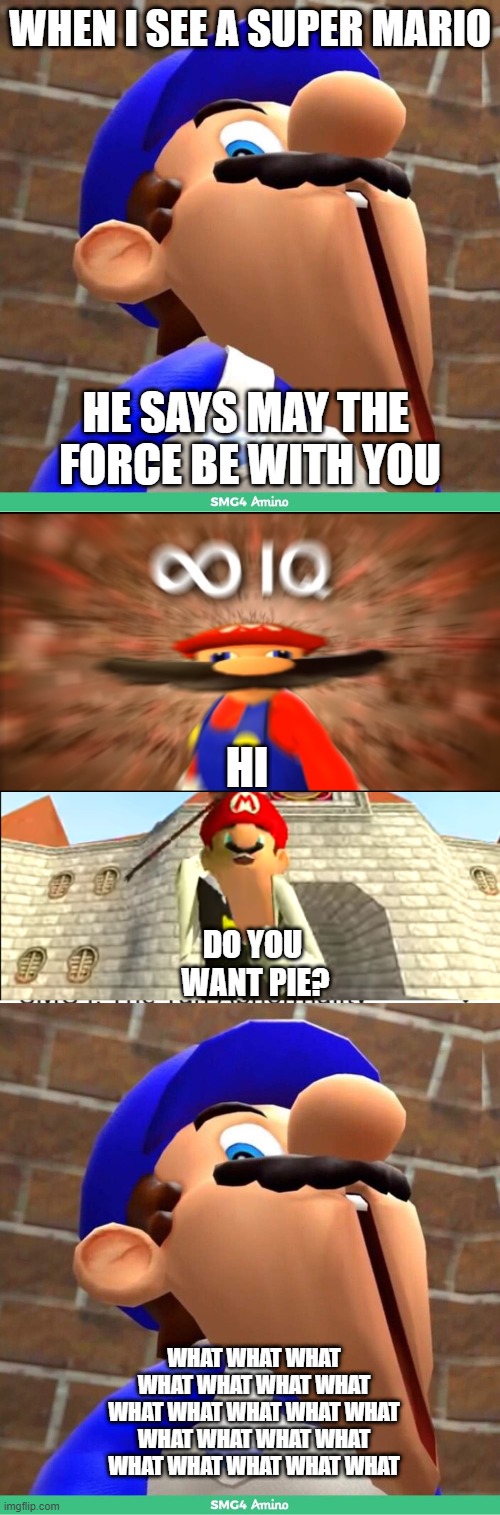 Don't look at this | WHEN I SEE A SUPER MARIO; HE SAYS MAY THE 
FORCE BE WITH YOU; HI; DO YOU 
WANT PIE? WHAT WHAT WHAT WHAT WHAT WHAT WHAT WHAT WHAT WHAT WHAT WHAT WHAT WHAT WHAT WHAT WHAT WHAT WHAT WHAT WHAT | image tagged in smg4's face,infinity iq mario,smg4 mango | made w/ Imgflip meme maker