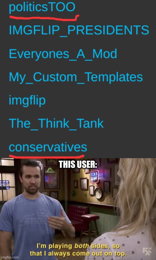 THIS USER: | image tagged in i'm playing both sides | made w/ Imgflip meme maker