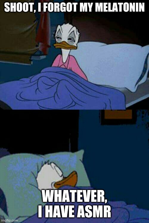 it's 11:21 here, almost asleep | SHOOT, I FORGOT MY MELATONIN; WHATEVER, I HAVE ASMR | image tagged in sleepy donald duck in bed,sleeeep,asmr | made w/ Imgflip meme maker