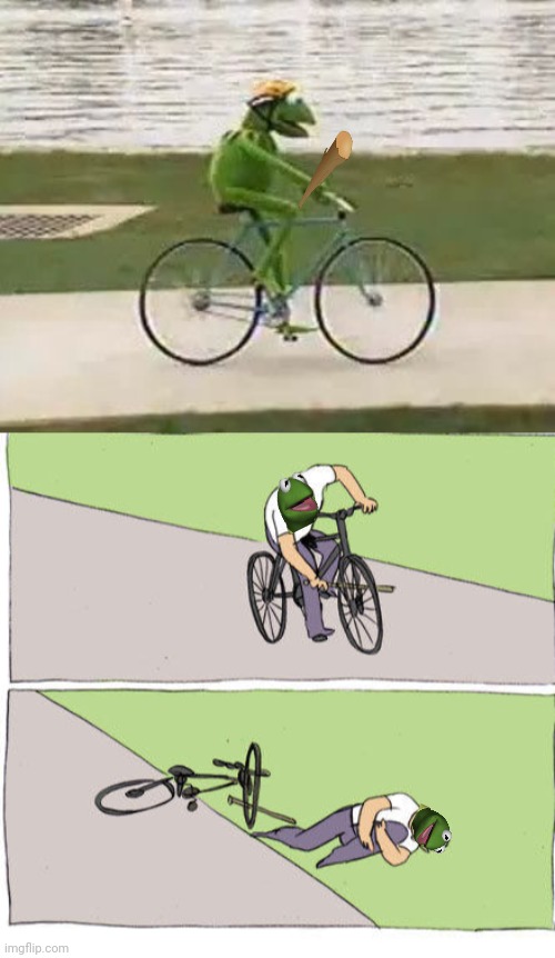 Dumb kermit | image tagged in kermit riding a bike,memes,bike fall | made w/ Imgflip meme maker