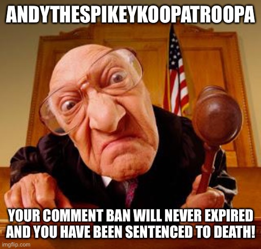 Mean Judge | ANDYTHESPIKEYKOOPATROOPA YOUR COMMENT BAN WILL NEVER EXPIRED AND YOU HAVE BEEN SENTENCED TO DEATH! | image tagged in mean judge | made w/ Imgflip meme maker