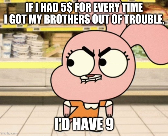 meme | IF I HAD 5$ FOR EVERY TIME I GOT MY BROTHERS OUT OF TROUBLE, I'D HAVE 9 | image tagged in meme | made w/ Imgflip meme maker