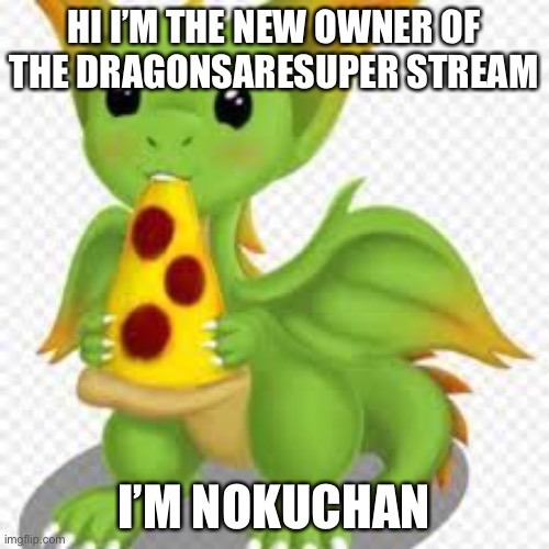 NokuChan Anouncement | HI I’M THE NEW OWNER OF THE DRAGONSARESUPER STREAM; I’M NOKUCHAN | image tagged in dragon with a pizza,moderators | made w/ Imgflip meme maker