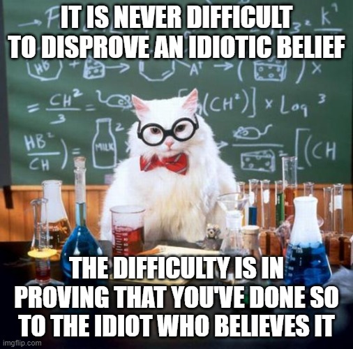 Scientists Try To Disprove Their Own Hypotheses, Idiots Baselessly Assert Whatever They Feel Is True | IT IS NEVER DIFFICULT TO DISPROVE AN IDIOTIC BELIEF; THE DIFFICULTY IS IN PROVING THAT YOU'VE DONE SO TO THE IDIOT WHO BELIEVES IT | image tagged in memes,chemistry cat,science,science cat,idiot,beliefs | made w/ Imgflip meme maker
