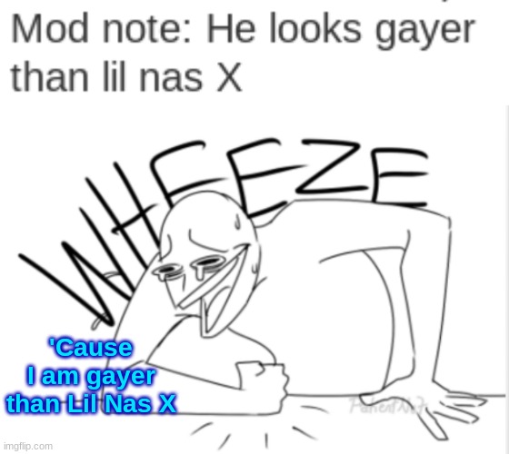 'Cause I am gayer than Lil Nas X | image tagged in wheeze | made w/ Imgflip meme maker