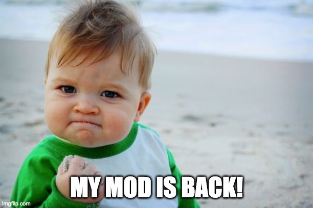 And I'm still top of the moderators list! | MY MOD IS BACK! | image tagged in memes,success kid original | made w/ Imgflip meme maker