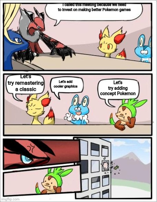 Pokemon board meeting | I called this meeting because we need to invest on making better Pokemon games; Let's try remastering a classic; Let's try adding concept Pokemon; Let's add cooler graphics | image tagged in pokemon board meeting,pokemon | made w/ Imgflip meme maker