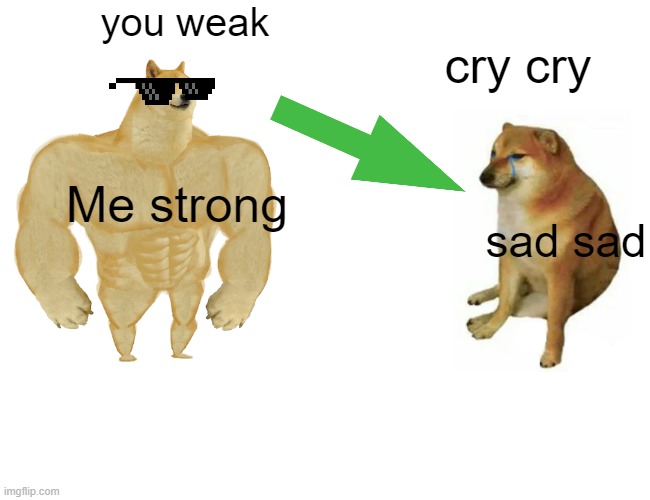 oof | you weak; cry cry; Me strong; sad sad | image tagged in memes,buff doge vs cheems | made w/ Imgflip meme maker