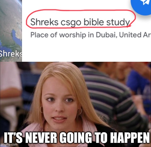 Shrek bible and counter strike doesn’t go together at a church | IT’S NEVER GOING TO HAPPEN | image tagged in memes,its not going to happen | made w/ Imgflip meme maker