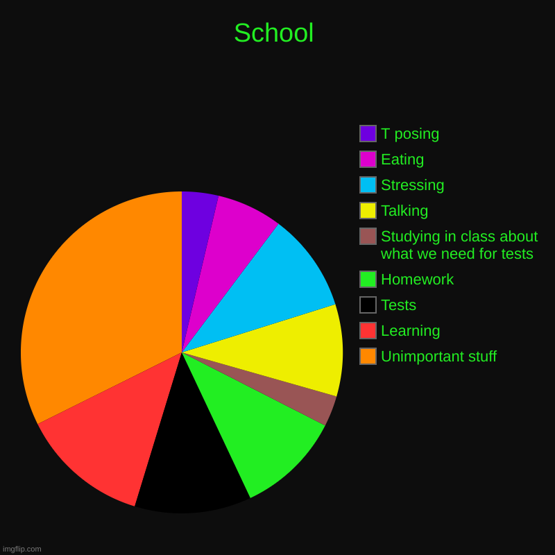 School | School | Unimportant stuff, Learning, Tests, Homework, Studying in class about what we need for tests, Talking, Stressing, Eating, T posing | image tagged in charts,pie charts,middle school,high school,elementary,oh wow are you actually reading these tags | made w/ Imgflip chart maker