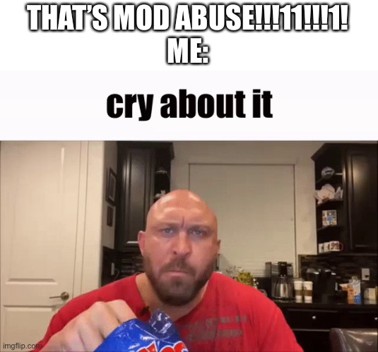 Cry About It | THAT’S MOD ABUSE!!!11!!!1!
ME: | image tagged in cry about it | made w/ Imgflip meme maker