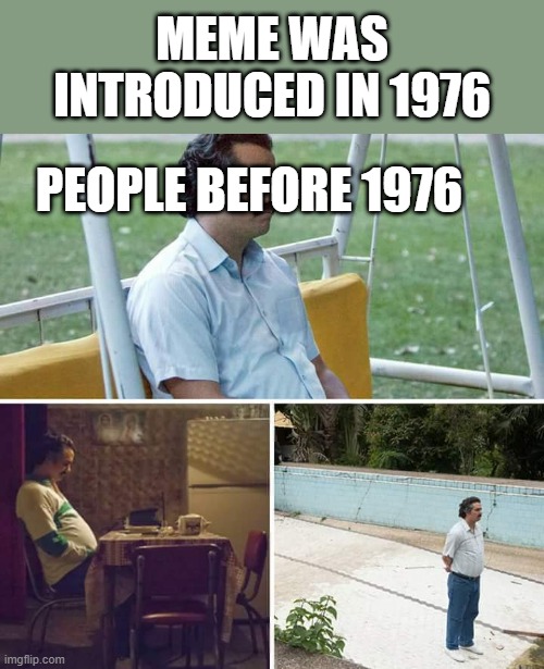A time of high-rated depression | MEME WAS INTRODUCED IN 1976; PEOPLE BEFORE 1976 | image tagged in memes,sad pablo escobar | made w/ Imgflip meme maker