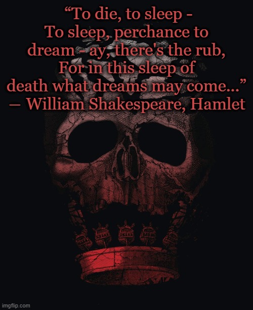 “To die, to sleep -
To sleep, perchance to dream - ay, there's the rub,
For in this sleep of death what dreams may come...”
― William Shakespeare, Hamlet | image tagged in literature,words,hamlet,william shakespeare,classic,english | made w/ Imgflip meme maker