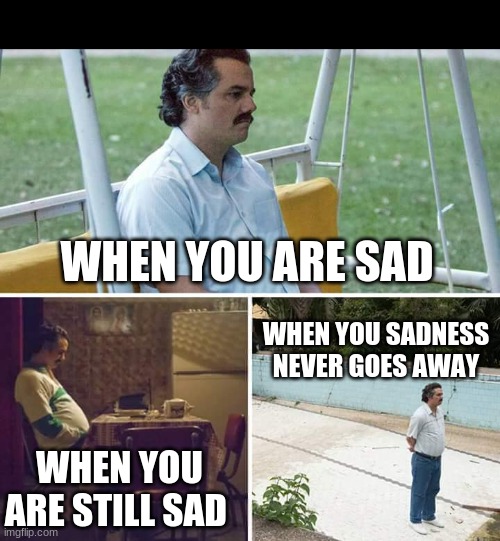 Sad Pablo Escobar | WHEN YOU ARE SAD; WHEN YOU SADNESS NEVER GOES AWAY; WHEN YOU ARE STILL SAD | image tagged in memes,sad pablo escobar | made w/ Imgflip meme maker