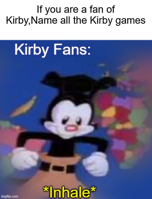 Kirby Fans | If you are a fan of Kirby,Name all the Kirby games; Kirby Fans:; *Inhale* | image tagged in yakko,kirby,gaming | made w/ Imgflip meme maker
