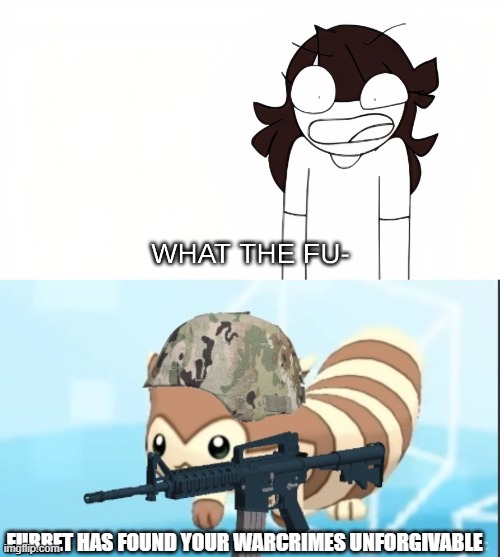 FURRET HAS FOUND YOUR WARCRIMES UNFORGIVABLE | image tagged in jaiden animations what the fu-,furret army | made w/ Imgflip meme maker