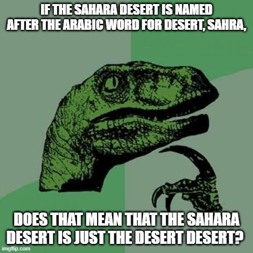 Philosoraptor Meme | IF THE SAHARA DESERT IS NAMED AFTER THE ARABIC WORD FOR DESERT, SAHRA, DOES THAT MEAN THAT THE SAHARA DESERT IS JUST THE DESERT DESERT? | image tagged in memes,philosoraptor | made w/ Imgflip meme maker