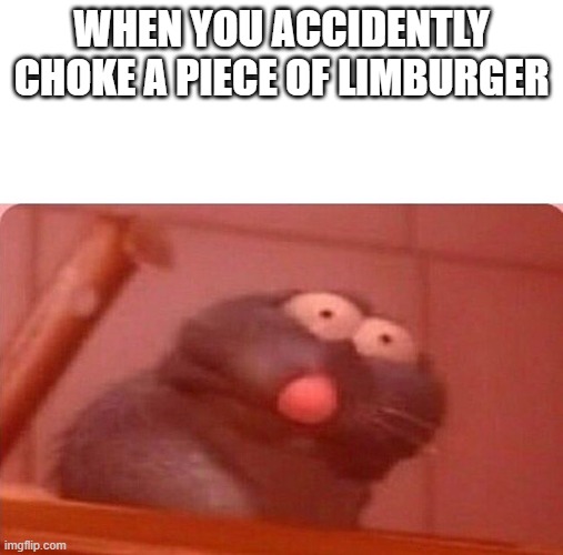 never choke limburger | WHEN YOU ACCIDENTLY CHOKE A PIECE OF LIMBURGER | image tagged in ratatouille triggered remy | made w/ Imgflip meme maker