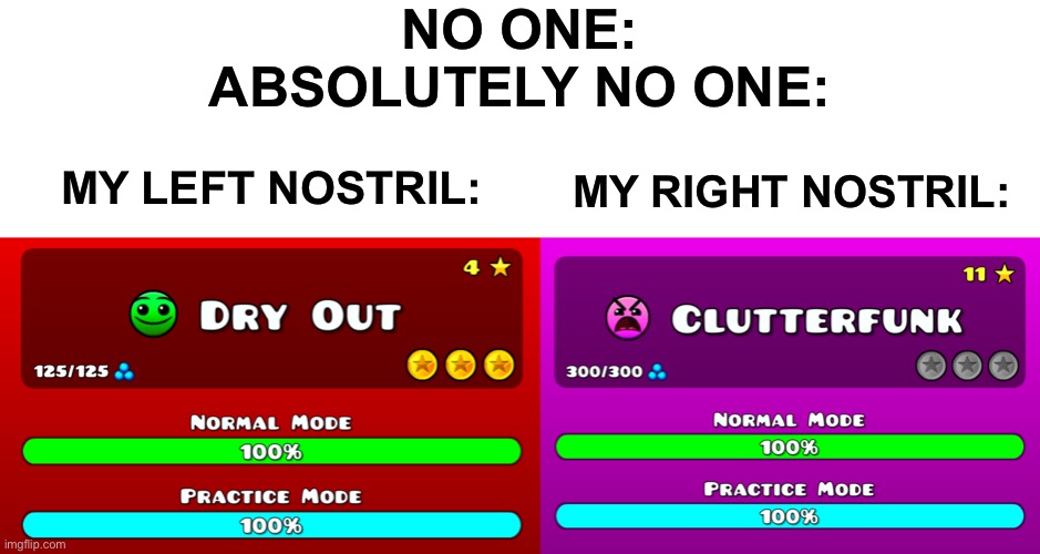 Allergies suck | NO ONE:
ABSOLUTELY NO ONE:; MY LEFT NOSTRIL:; MY RIGHT NOSTRIL: | image tagged in allergies,geometry dash,gaming | made w/ Imgflip meme maker