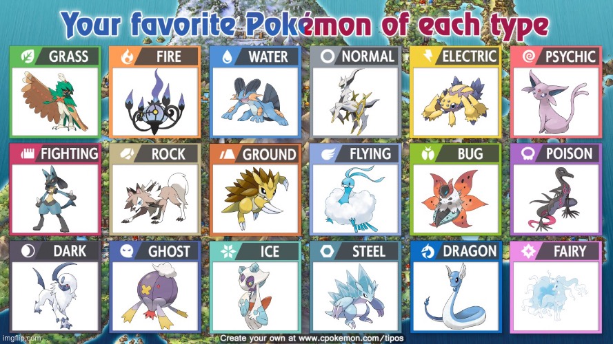 Favourite Pokémon of Each Type | image tagged in favorite | made w/ Imgflip meme maker