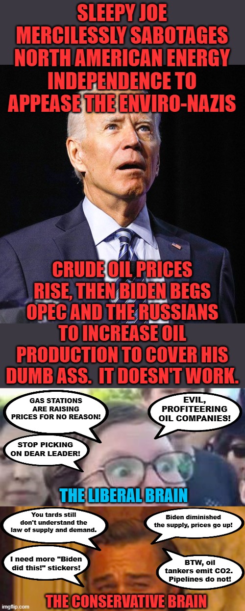 How this works |  SLEEPY JOE MERCILESSLY SABOTAGES NORTH AMERICAN ENERGY INDEPENDENCE TO APPEASE THE ENVIRO-NAZIS; CRUDE OIL PRICES RISE, THEN BIDEN BEGS OPEC AND THE RUSSIANS TO INCREASE OIL PRODUCTION TO COVER HIS DUMB ASS.  IT DOESN'T WORK. GAS STATIONS ARE RAISING PRICES FOR NO REASON! EVIL, PROFITEERING OIL COMPANIES! STOP PICKING ON DEAR LEADER! THE LIBERAL BRAIN; You tards still don't understand the law of supply and demand. Biden diminished the supply, prices go up! I need more "Biden did this!" stickers! BTW, oil tankers emit CO2.  Pipelines do not! THE CONSERVATIVE BRAIN | image tagged in joe biden,memes,oil,liberal brain,conservative brain,gas prices | made w/ Imgflip meme maker