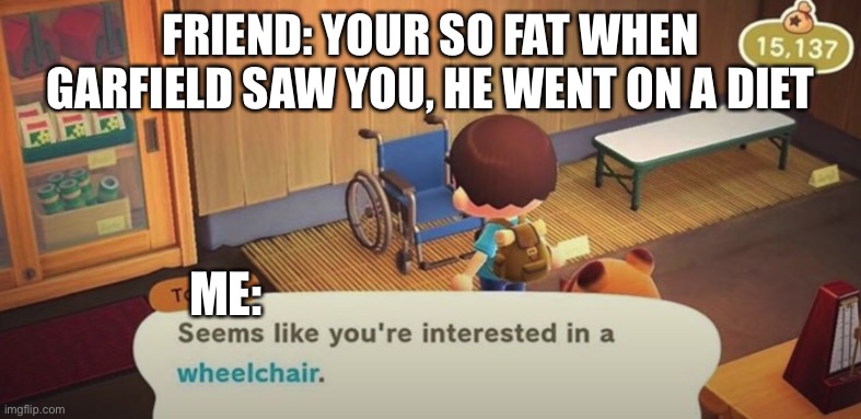 Seems like you're interested in a wheelchair | FRIEND: YOUR SO FAT WHEN GARFIELD SAW YOU, HE WENT ON A DIET; ME: | image tagged in seems like you're interested in a wheelchair | made w/ Imgflip meme maker