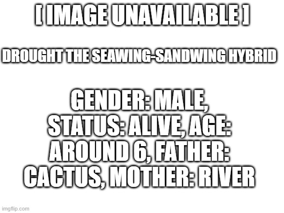 Blank White Template | [ IMAGE UNAVAILABLE ]; DROUGHT THE SEAWING-SANDWING HYBRID; GENDER: MALE, STATUS: ALIVE, AGE: AROUND 6, FATHER: CACTUS, MOTHER: RIVER | image tagged in blank white template,memes | made w/ Imgflip meme maker