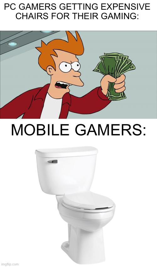 This meme was made on a toilet | PC GAMERS GETTING EXPENSIVE CHAIRS FOR THEIR GAMING:; MOBILE GAMERS: | image tagged in funny,memes,gifs,gaming,chair,toilet | made w/ Imgflip meme maker