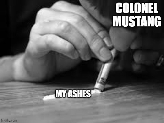 Ea | COLONEL MUSTANG; MY ASHES | image tagged in snorting,cocaine | made w/ Imgflip meme maker