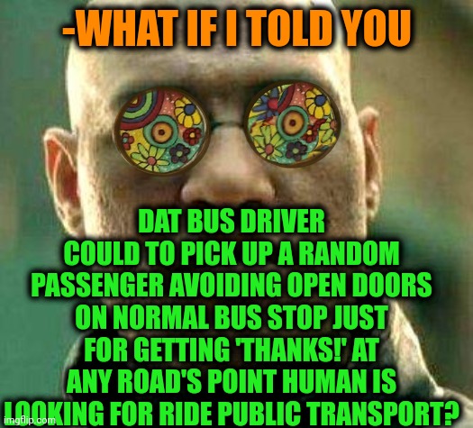 -Know about ability. | -WHAT IF I TOLD YOU; DAT BUS DRIVER COULD TO PICK UP A RANDOM PASSENGER AVOIDING OPEN DOORS ON NORMAL BUS STOP JUST FOR GETTING 'THANKS!' AT ANY ROAD'S POINT HUMAN IS LOOKING FOR RIDE PUBLIC TRANSPORT? | image tagged in acid kicks in morpheus,bus driver,pick up line,passenger,road signs,no no he's got a point | made w/ Imgflip meme maker