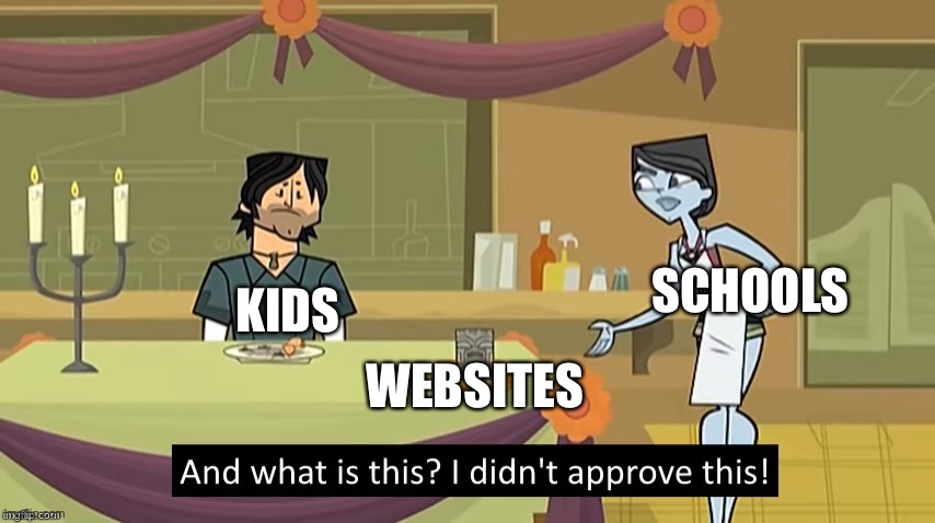 I Didn't Approve This | SCHOOLS; KIDS; WEBSITES | image tagged in i didn't approve this | made w/ Imgflip meme maker