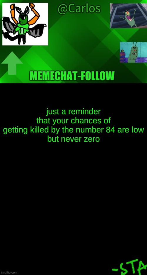 .:) | just a reminder that your chances of getting killed by the number 84 are low
but never zero | made w/ Imgflip meme maker