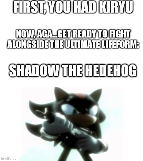 He will fight beside the AGA for as long as you need him to | FIRST, YOU HAD KIRYU; NOW, AGA...GET READY TO FIGHT ALONGSIDE THE ULTIMATE LIFEFORM:; SHADOW THE HEDEHOG | image tagged in blank white template | made w/ Imgflip meme maker