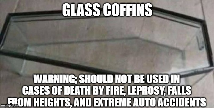 glass coffins | GLASS COFFINS; WARNING; SHOULD NOT BE USED IN CASES OF DEATH BY FIRE, LEPROSY, FALLS FROM HEIGHTS, AND EXTREME AUTO ACCIDENTS | image tagged in death,coffin | made w/ Imgflip meme maker