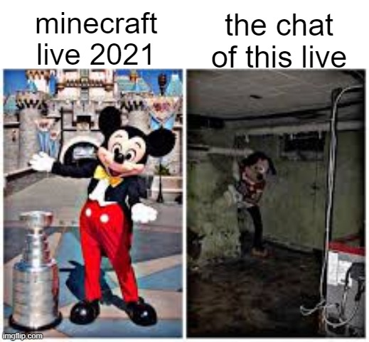 minecraft live 2021 be like | minecraft live 2021; the chat of this live | image tagged in mickey mouse in disneyland | made w/ Imgflip meme maker