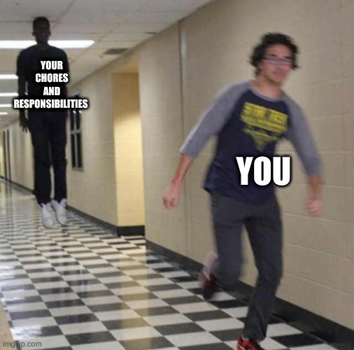 floating boy chasing running boy | YOUR CHORES AND RESPONSIBILITIES; YOU | image tagged in floating boy chasing running boy | made w/ Imgflip meme maker