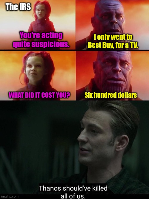 How to investigate domestic terrorism 101 | The IRS; You're acting quite suspicious. I only went to Best Buy, for a TV. Six hundred dollars; WHAT DID IT COST YOU? | image tagged in what did it cost,thanos should've killed all of us | made w/ Imgflip meme maker