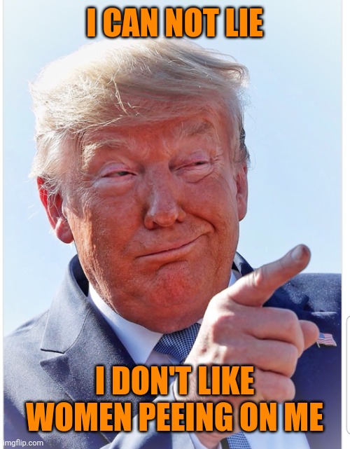 In Trump we trust | I CAN NOT LIE; I DON'T LIKE WOMEN PEEING ON ME | image tagged in trump pointing | made w/ Imgflip meme maker