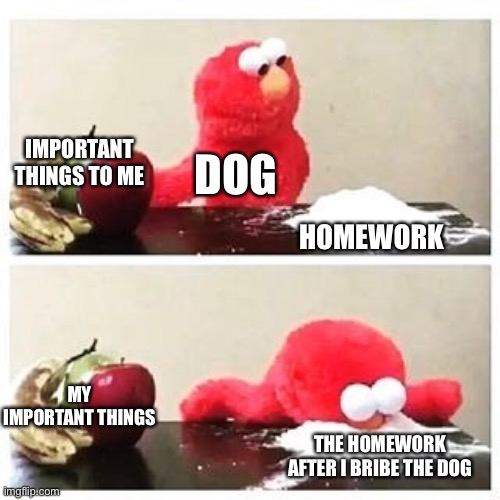 Comment if something similar happened to you | IMPORTANT THINGS TO ME; DOG; HOMEWORK; MY IMPORTANT THINGS; THE HOMEWORK AFTER I BRIBE THE DOG | image tagged in elmo cocaine,dog,homework,school | made w/ Imgflip meme maker