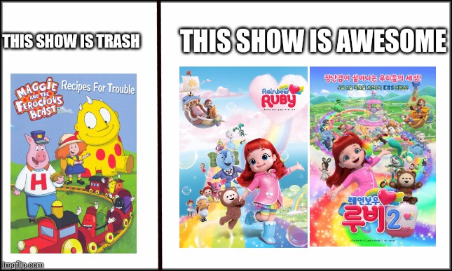 Rainbow Ruby YES Maggie And The Ferocious Beast no | THIS SHOW IS AWESOME; THIS SHOW IS TRASH | image tagged in rainbow,ruby | made w/ Imgflip meme maker