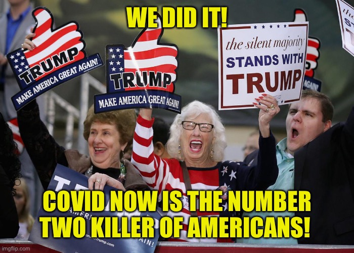 Their dead must be so proud of themselves | WE DID IT! COVID NOW IS THE NUMBER TWO KILLER OF AMERICANS! | image tagged in trump supporter,covid death,darwin award | made w/ Imgflip meme maker
